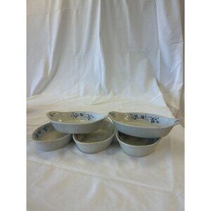 Set Of 5 Vintage Gray Oval Ceramic Bowls With Blue Floral Design